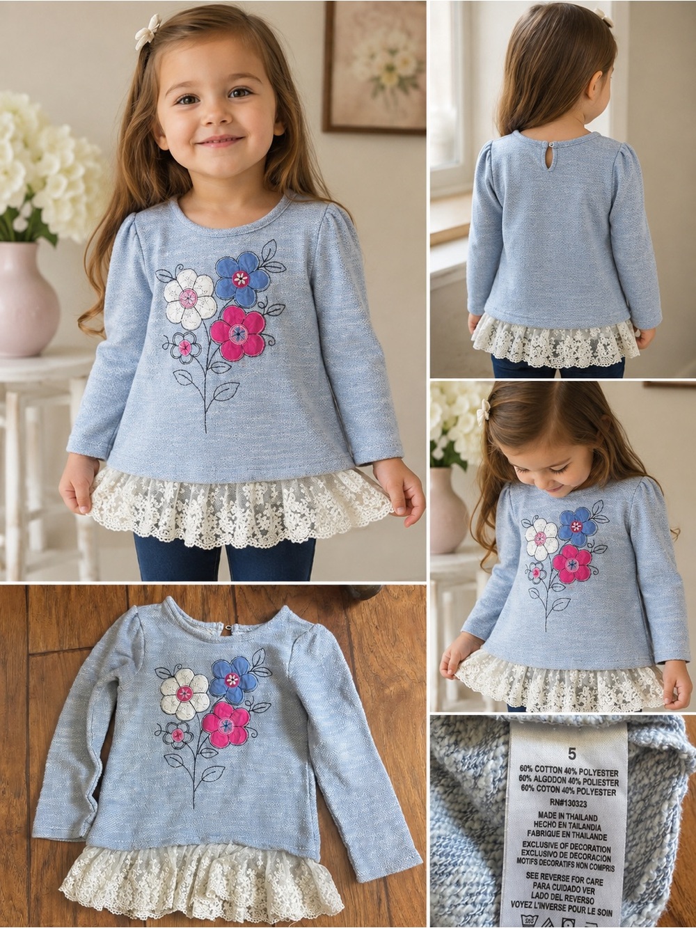 Girls Blue Floral Lace Hem Sweater Top | Size 5 | Boutique Style